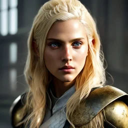 Photorealistic close-up of a beautiful blonde warrior with dystopian clothes and background