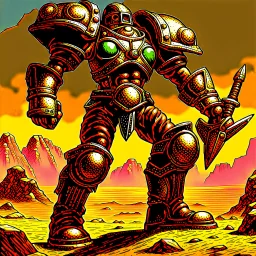 90's TCG art retro fantasy art of neuclear warrior with huge pauldrons in wasteland