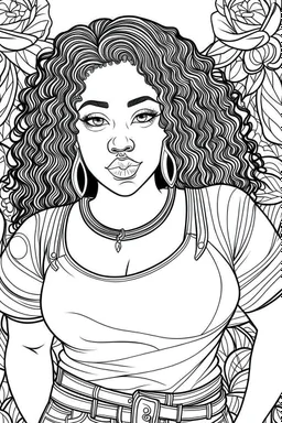 black curvy woman eyes front camera coloring page floral background