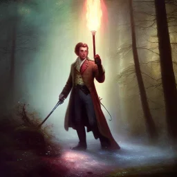 romantic fantasy spray painting, william Turner, watercolor, close up on dark robed poet holding torch high up in magical forest