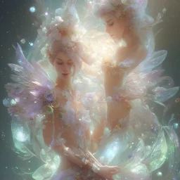 one big crystal subtle flower in a galactic ambiance with a beautiful fairy, transparent petals, delicate colors, in the foreground, full of details, smooth，soft light atmosphere, concept art, smooth, extremely sharp detail,