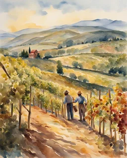 A sunlit vineyard with workers harvesting grapes against a backdrop of rolling hills. Watercolor, Post-Impressionism. Created in the style of Isabella Marconi.