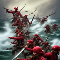 11 pirate warriors in dark red armor, charging off their ship, a highly detailed illustration, background of giant crashing ocean waves, realistic render, 8 k, micro detail, intricate, elegant, centered, digital painting, Artstation, smooth, sharp focus, illustration, artgerm, tomasz alen kopera, peter mohrbacher, donato giancola, joseph christian leyendecker, wlop, boris vallejo