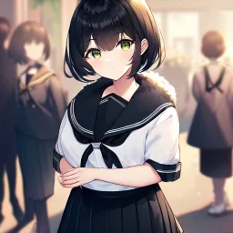 Clear focus, High resolution, fluffy black short hair, dark green eyes, wearing a black sailor uniform and pleated black skirt, fluffy hair, detailed outfit