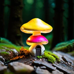 "Close up of a wonderful tiny Mushroom Tower home. Yellow and Magenta with bright white, deep black and contrasting tones of gray. Illuminated bioluminescent forest. Professional painter, master at composition. small but detailed. broken, blurred background, voluminous lighting"