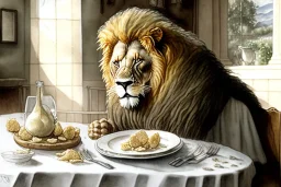 Lion sitting at a table eating garlic bulbs and drinking milk. Highly detailed, smooth colours, realistic landscape. Aquarell