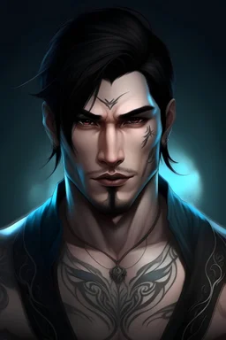a sexy fictional male vampire with black hair, tanned complexion, light blue eyes, tattooed body and muscular Asian persian ear