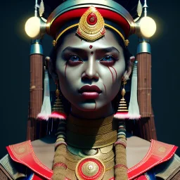 Indian woman, rounded face, blood, lines, black, red, blue, silver, samurai helmet, decorative color feathers, retro, bamboo, leather, soft color, highly detailed, art stations, concept art, smooth, unreal engine 5, god rays, ray tracing, RTX, lumen lighting, ultra detail, volumetric lighting, 3d, finely drawn, high definition, high resolution.