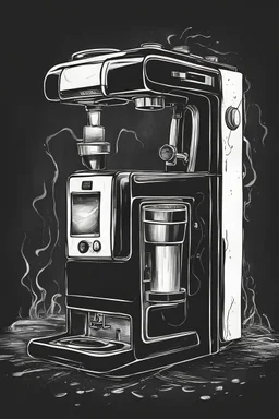 draw a big rickety black and white coffee machine dark depressed background