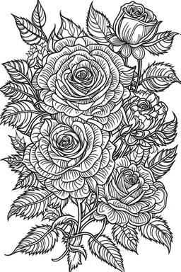 Outline art for coloring page, STYLISH ROSES, coloring page, white background, Sketch style, only use outline, clean line art, white background, no shadows, no shading, no color, clear