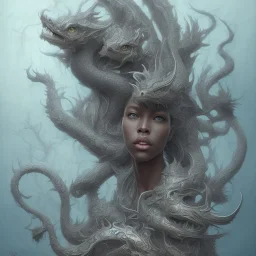 sango fantasy, fantasy magic, intricate, sharp focus, illustration, highly detailed, digital painting, concept art, matte, artgerm and paul lewin and kehinde wiley, masterpiece sexy lips Asian afro lips black African lady body mermaid Dragon head silver bright rain lady outer space pretty skull head