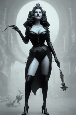 Rita Hayworth as evil queen in black leather, busty, cleavage, dominatrix, curvy, angry, stern look. character design by cory loftis, fenghua zhong, ryohei hase, ismail inceoglu and ruan jia. unreal engine 5, artistic lighting, highly detailed, photorealistic, fantasy