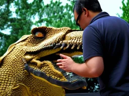 A man petting the dragon