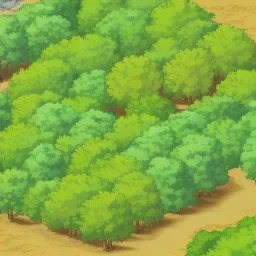 dirt road in the middle of a forest and round same size trees topdown view of a pixel art pokemon style game