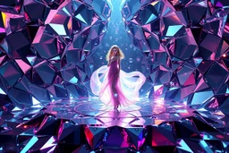 very complex structure ,pretty viberating color environment 3d metalic and crystal recursive animating beveled geometric base very complex structure emiting mirror bubbles that broke, goddess of love in a pretty cleric dress comes out dancing gracefully , viberating color moving very in modern city escape environment while camera tracking it.