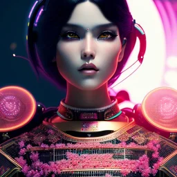 Rosalía, Cyborg anime samurai, cyberpunk, light black hair, pixie hairstyle, cobalt eyes, waist up portrait, 8k resolution, retroanime, intricate details, neon details, soft lighting, vibrant colors, masterpiece, intricate eyeliner, dark eyeshadow, eyes, intricate tattoos, gradient background