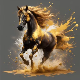 Blazeheart a gold-barded horse of incredible speed splattering mud and gold as it runs, in splatter art style