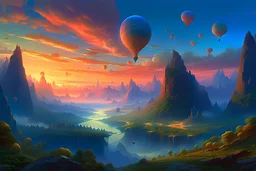 A fantasy painting of mysterious anomalous orbs in the sky surrounded by floating islands hovering above a varied landscape in the style of Michael Whelan, energy surge, serene countryside, lush forests, soaring mountains, impressive detail, sunset, high resolution, 4K, 8K, masterpiece