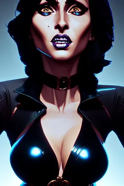 Sophia Loren dressed in shiny black leather, frank miller sin city, busty, cleavage, volumetric lighting, particales,highly detailed,cinematic, deep colours,8