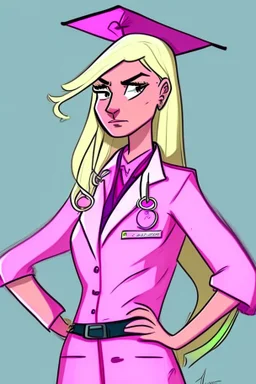 Een dom blondje die haar dokterdiploma heeft gekregen dankzij CHATGPT. Straalt domheid uit. Haar graduation outfit is volledig roze. Karikaturaal, carnavalesk, er zijn dokterattributen, denk legally blind en greys anantomy Dokter moet duidelijk zijn