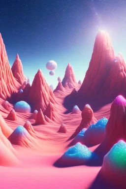 pink desert with cascades of multicolored crystals, blue sky, cosmic and galactic ambiance, full of details, smooth, bright sunshine，soft light atmosphere, light effect，vaporwave colorful, concept art, smooth, extremely sharp detail, finely tuned detail, ultra high definition, 8 k, unreal engine 5, ultra sharp focus