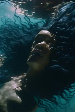 a beautiful woman, long curly black hair,closed eyes,coming from beneath the water,braking the surface with her face just coming out the water,looking up symbolism for breaking free. realistic,8k quality, action close shot from areal view,highly detailed , chaos 80