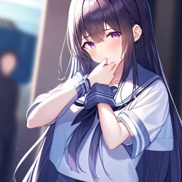 Clear focus,High resolution,High quality, Wearing a sailor uniform, Black long straight hair, Purple sparkling eyes, Hand on mouth, Crying