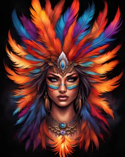 Illustration of a phoenix girl face with caramel skin and very colorful cool colored phoenix feathers for hair, tribal fire and feather tattoos on face, dark background