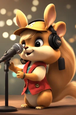 Cute 3d animated chipmunk, she is a singer, cute outfit and microphone in hand, long blond hair