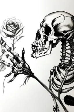A realistic drawing in negative space black ink on white background of a rose and a skeleton hand with very defined and anatomical correct details