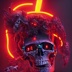 hundreds of non-anatomically correct, dark comic art, graphic novel,human skulls stacked into a wall unusual neon lighting, high velocity, 64k, dystopian, vray,