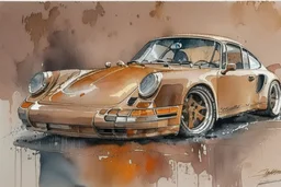 oil paint watercolor pastel acrylic ink the most beautiful brown Porsche 911 ever, award-winning, gorgeous, emotional.