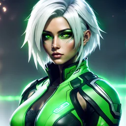 Futuristic Latina white haired soldier, tough beautiful and intense, short hairstyle, green jacket black sportsbra, dark eyeshadow, video game character, anime style