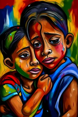 a girl hug her brother and both crying sadly, expressionism, Pixar style, in abstract art Basquiat, Picasso, Miro, Kandinsky, Klee, Birell, Fairey, Ardon, Buffet aand Picasso style, HD --s 750 --v 5.1 --style raw, water color