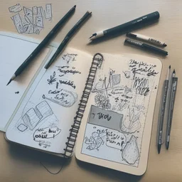 A bulletjournal with drawings and writing on a table with drawing tools