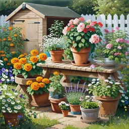 On a garden potting wooden table are potted Marigolds in clay pot, Geraniums in another pot and Lavender in another pot . Behind bench is another potting bench with potted Roses and Baby’s Breath. Another pot with Daisies and Pansies. BG wooden garden shed surrounded with flowering bush plant. White Wooden fence at the side of the shed in painterly soft water color.