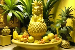 A light golden yellow oasis with fruit designed in Hawaiian tiki statues painted by Karl Wiener