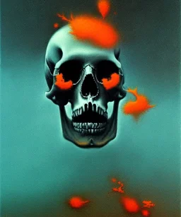 broken realistic skull. black background. smoke and explode. particles in air. teal and orange. abstract. beksinski.