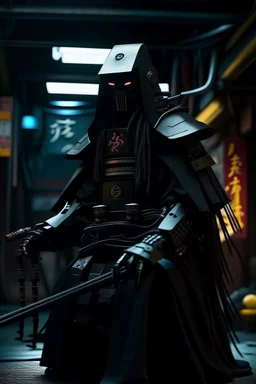 samurai robot in black cloak in a cyberpunk environment