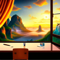 desk, parquet, sheet of paper, little pen, in front of a huge picture window with large view on a waterfall with warm light, sunset ,pixar style, panorama, nature, globe, HD, Hallelujah mountains