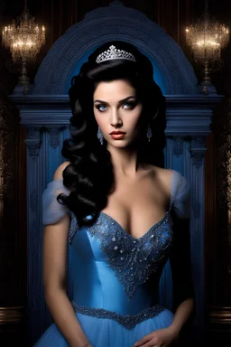 dark brown wood panel background with an overhead spotlight effect, 18-year-old Princess, Wendy Breeze, Resembles Elvis Presley, Queen of Werewolves, with Black hair, blue eyes, stacked, head and shoulders portrait, wearing a blue, lacy Prom dress with a tiara, full color -- Absolute Reality v6, Absolute reality, Realism Engine XL - v1