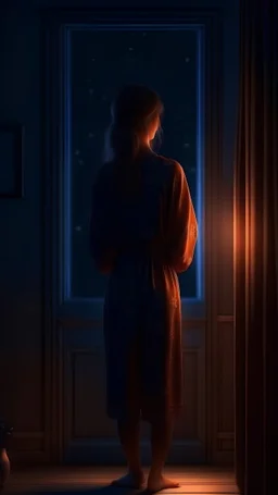 at home, a woman, looks at her outfit from the wardobe, standing up, night, romantic, we see her back, 4k, digital art