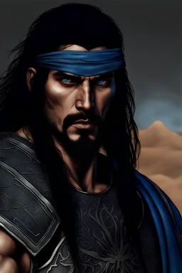 A rugged desert warrior with a blue tattoo covering his left eye. long black hair, wearing chainmail.