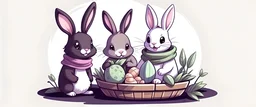 three little bunnies, light brown rabbit wearing a green scarf, white rabit wearing purple scarf, dark brown rabit wearing blue scarf, drinking from a bowl, eating lots of hay, blue playpen background, disney cartoon style