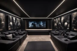 a black themed dedicated home cinema room with LED ambient lighting in the walls make sure the room is completely symmetrical