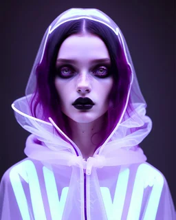 painting by koson ohara and marta bevacqua, portrait of a beautiful goth woman with long black hair, wearing a plastic raincoat, purple neon lighting, 8k, high quality, highly detailed