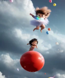 Ultra realistic speed clouds sky scene, wide angle view, childs falling down with many Childs background, circus dress style, feather color, free jumping flying, many trinkets, hair monster, many jelly beans, balls, color smoke, smile, happy, extreme, wind, clouds sea, 20,000 feet altitude, stratosphere, soft color, highly detailed, unreal engine 5, ray tracing, RTX, lumen lighting, ultra detail, volumetric lighting, 3d, finely drawn, high definition, high resolution.