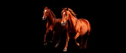 2 horses running towards the viewer, mostly red tones on dark background
