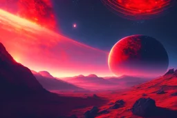 red exoplanet in the horizon, stars, stream, clouds, fantasy, sci-fi, hd