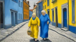 Oil painting of a street scene with buildings in yellow, blue, and white, with a woman and child walking on the cobblestone street. The woman, possibly white, around 70 years old, has gray hair and is wearing a gray shawl. The child, around 5 years old, has red hair and is wearing a white coat. The buildings are simple in design, with small windows and doors. The sky is overcast, and the overall tone of the painting is muted. The brushstrokes are visible, and the colors are applied in a thick, i